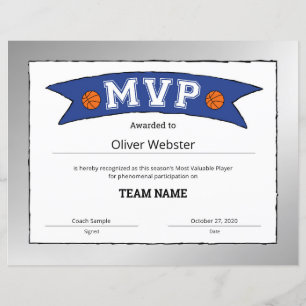 Papier Certificats MVP Lecteur MVP BasketballCertificats