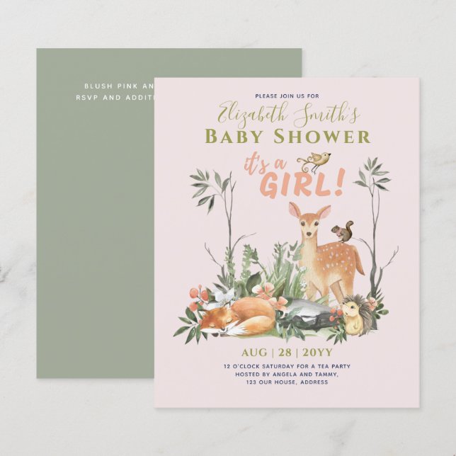 Papier C'est une FILLE ! Cute Woodland Baby Animals Douch (Devant / Derrière)
