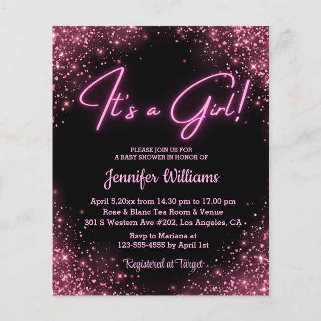 Papier c'est une fille, invitation baby shower de néon ro (Devant)
