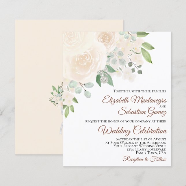 Papier Champagne Blush Roses Boho BUDGET Mariage Inviter (Devant / Derrière)