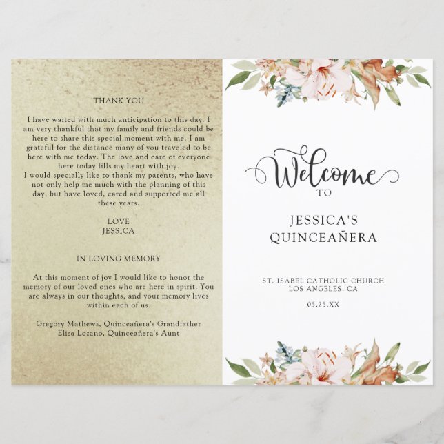 Papier Champagne Gold et Pink Floral Quinceanera Programm (Devant)