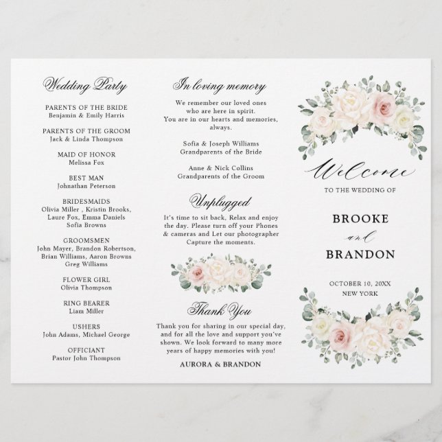 Papier Champagne Ivory Blush Rose Floral Wedding Programm (Devant)