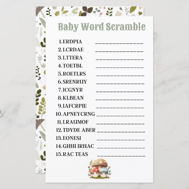 Papier Champignons Bébé Mot Scramble (Devant / Derrière)