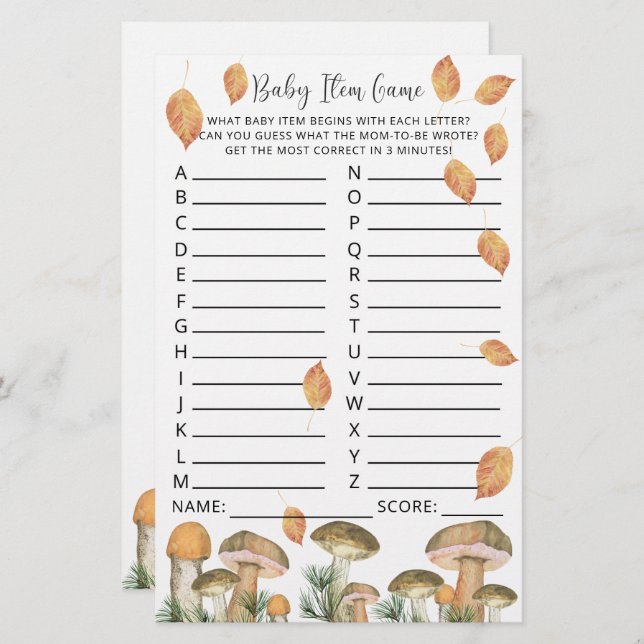 Papier Champignons d'aquarelle - Baby shower Article Jeu (Devant / Derrière)