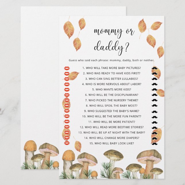 Papier Champignons - maman ou papa jeu de baby shower (Devant / Derrière)