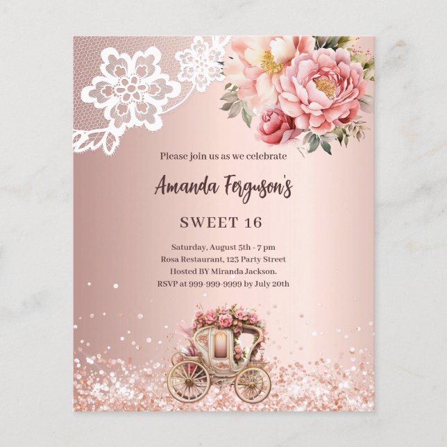Papier Chariot rose or fleuri Sweet 16 invitation (Devant)