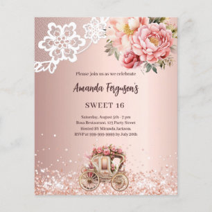 Papier Chariot rose or fleuri Sweet 16 invitation