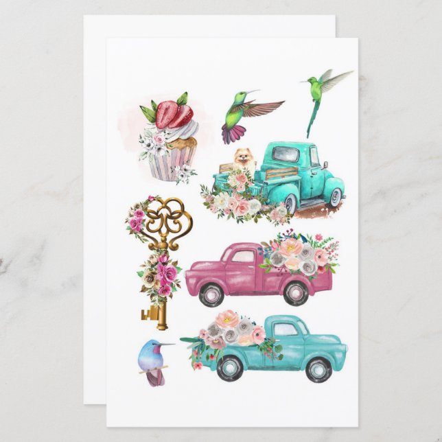 Papier Chariots d'aquarelle clé oiseau à découper et coll (Devant / Derrière)