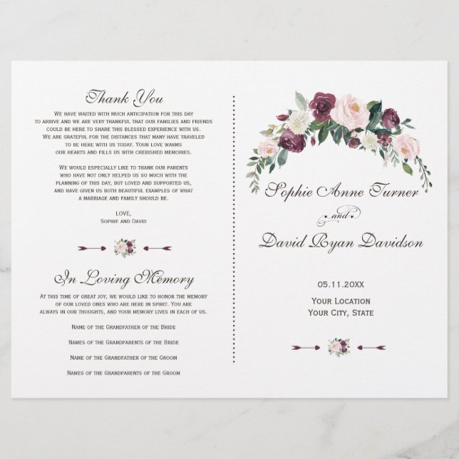 Papier Charm Burgundy Blush Ivory Floral Wedding Programm (Devant)