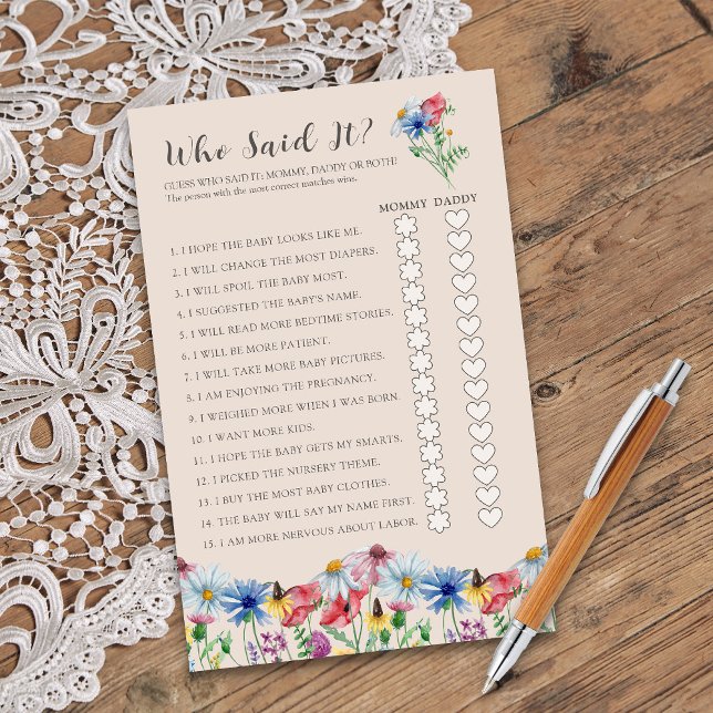 Papier Charme fleur sauvage Qui A Dit Qu'Il Douche Jeu (Who Said It? Mommy or Daddy Baby Shower game from Wildflower Charm collection by Darling & May)
