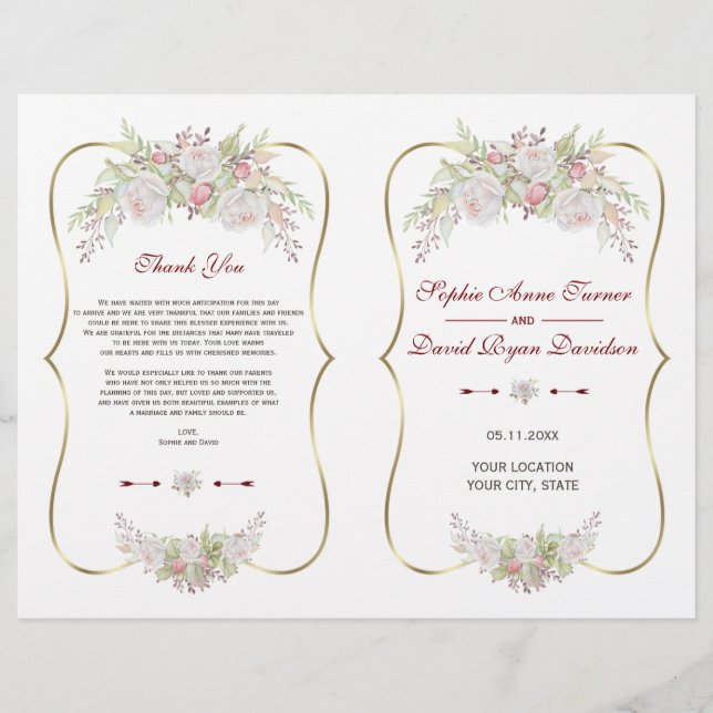 Papier Charme Fleurs blanches Gold Frame Wedding Programm (Devant)