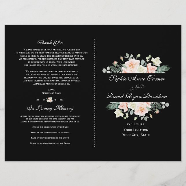 Papier Charming Blush White Floral Black Wedding Programm (Devant)