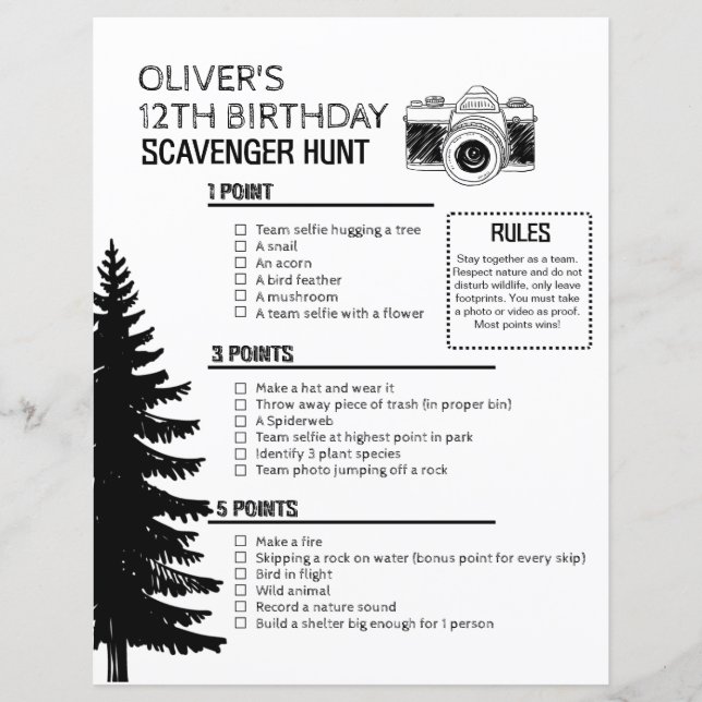 Papier Chasse Photo Extérieure Scavenger, Jeu d'Anniversa (Devant)