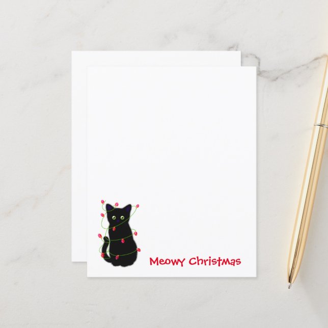 Papier chat noir | Meowy Christmas | lumières scintillant (Devant/Arrière en situation)