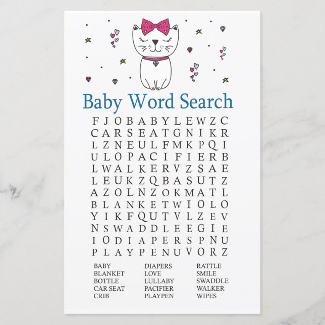 Papier Chat ou Kitten Baby shower Mot de recherche Jeu (Devant)