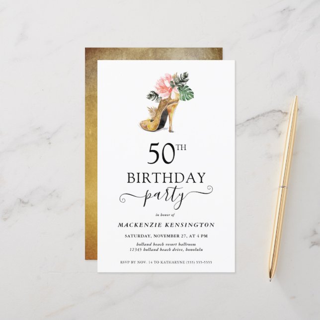 Papier Chaussures à talons hauts dorées florales de luxe  (Devant/Arrière en situation)