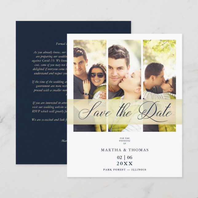 Papier Cheap Navy Trendy 3 Photos Wedding Engagement (Devant / Derrière)