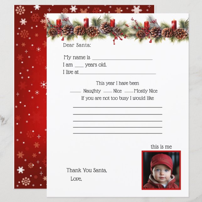 Papier Chère Lettre Père Noël, avec Photo Enfants (Devant / Derrière)