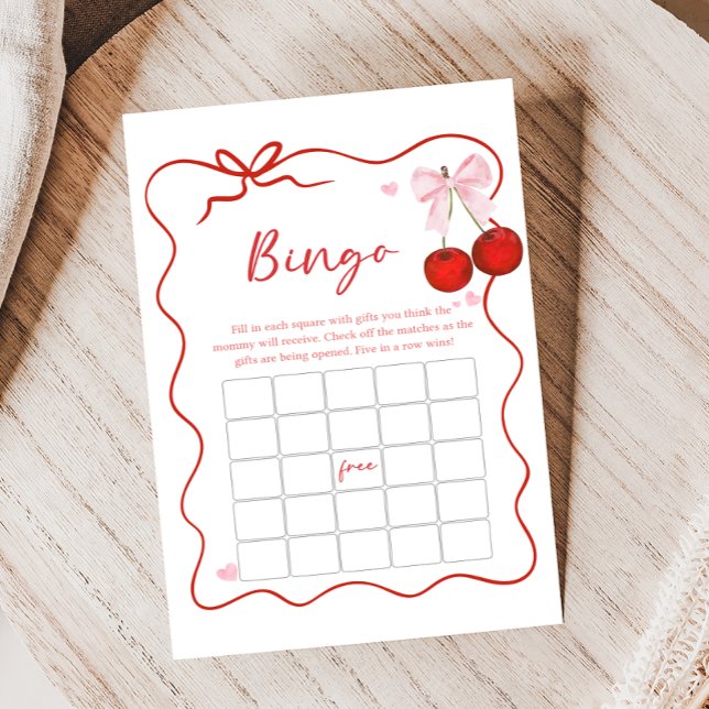 Papier Cherry on Top Pink Bow Baby Shower Bingo Game (Coquette Cherry on Top Baby Shower Game)