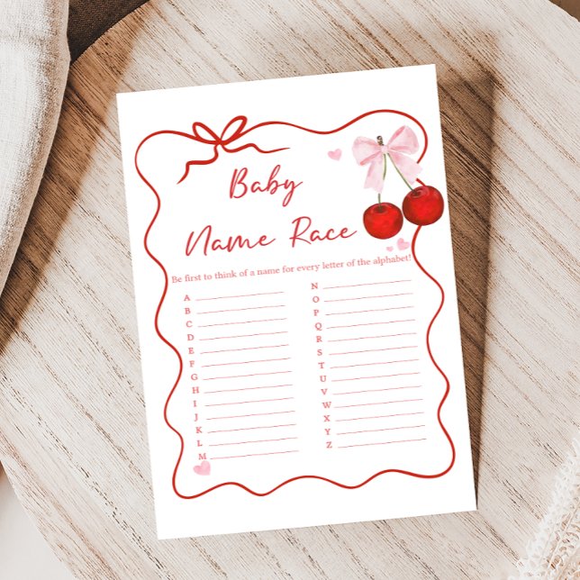 Papier Cherry on Top Pink Bow Baby Shower Name Race Game (Coquette Cherry on Top Baby Shower Game)