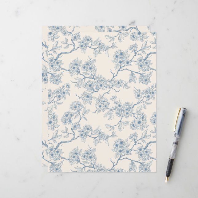 Papier Chery blossom branches in blue and off white (Devant/Arrière en situation)
