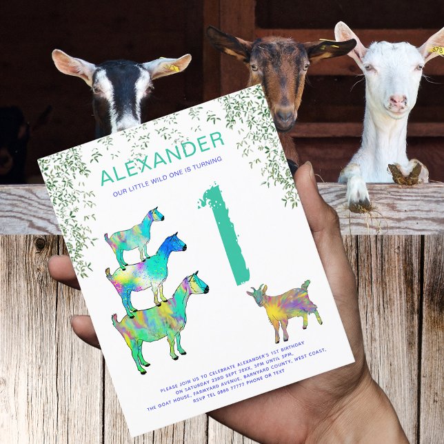 Papier Chèvre Animaux sauvages Un Anniversaire Budget de  (Wild one goats colorful farm animal art 1st birthday party budget invitation )