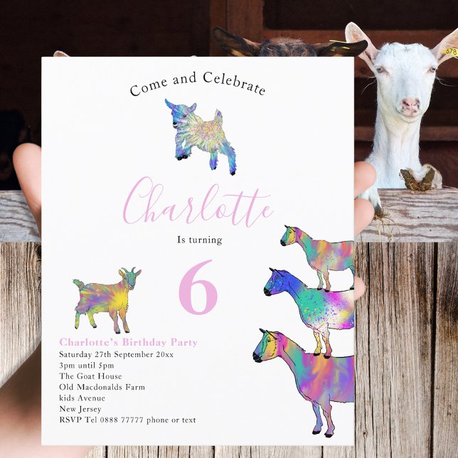 Papier Chèvres Aquarelle Anniversaire de enfant Party ros (Cute goats farm animal themed 6th birthday party budget invitation watercolor colorful animal art)