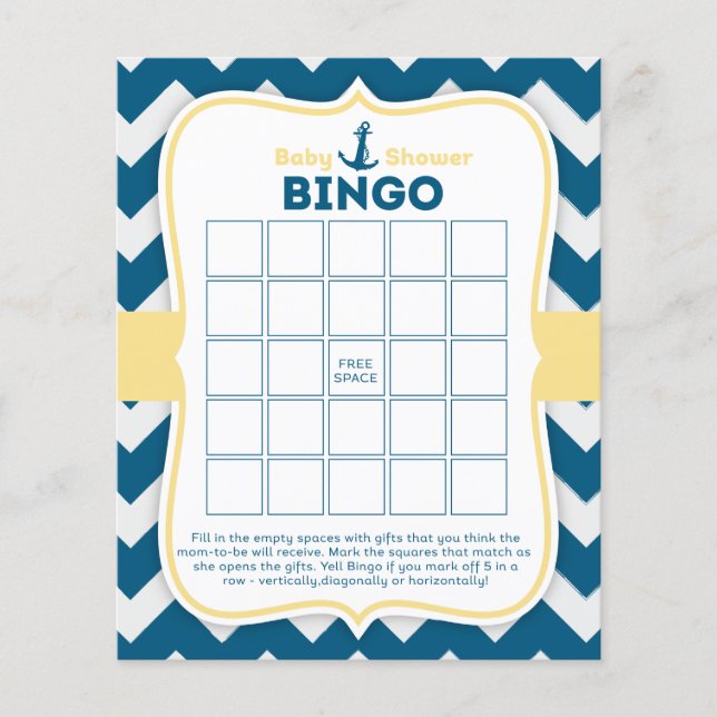 Papier Chevron Ancre Nautical Baby Bingo Card (Devant)