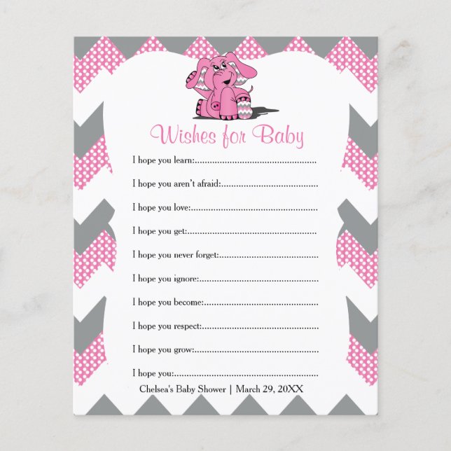 Papier Chevron rose Eléphant Baby Girl Douche - Voeux (Devant)