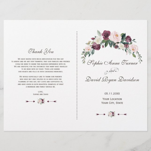Papier Chic Bourgogne Blush Ivory Floral Wedding Programm (Devant)