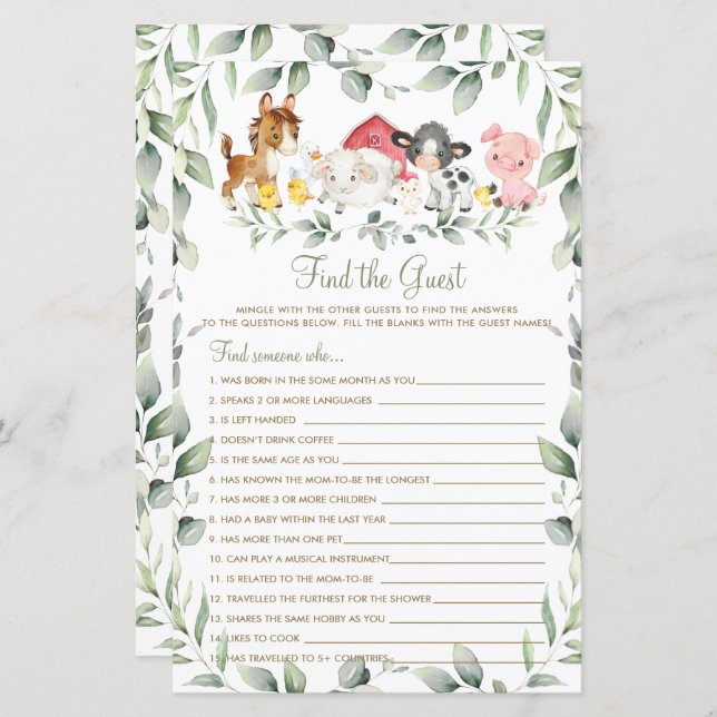 Papier Chic Farm Animaux verdure Trouvez le jeu invité (Devant / Derrière)