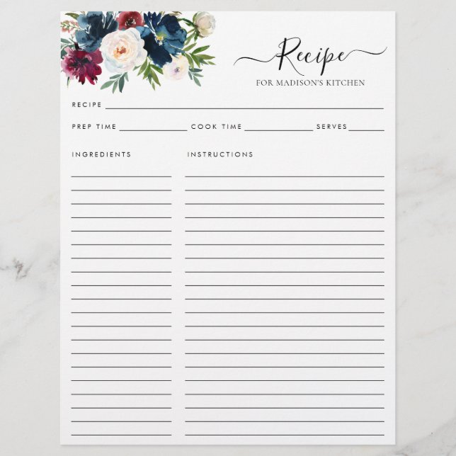 Papier Chic Floral Navy Bleu Bourgogne Rouge Cuisine Rece (Devant)