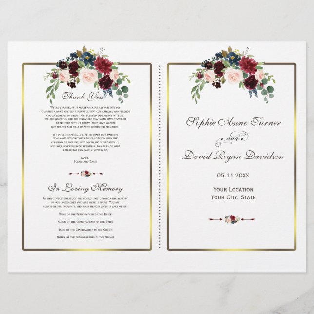 Papier Chic Merlot Navy Floral Gold Frame Wedding Program (Devant)