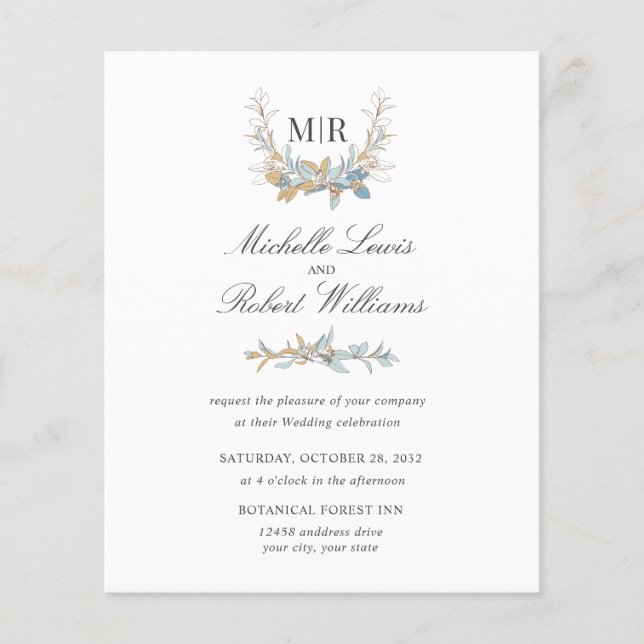 Papier Chic Monogram Crest Gold bleu floral Photo mariage (Devant)