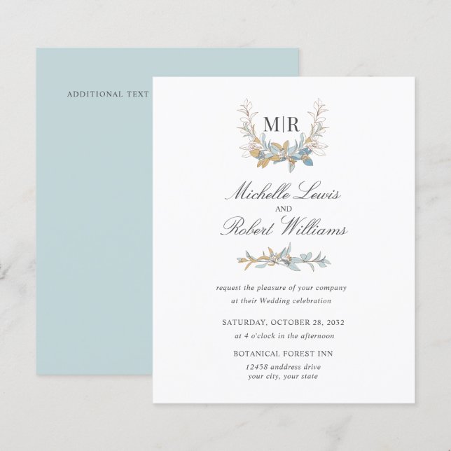 Papier Chic Monogram Crest Or et bleu Mariage floral (Devant / Derrière)