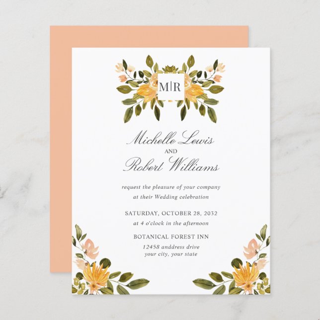 Papier Chic Monogram Jaune Vert Mariage floral (Devant / Derrière)