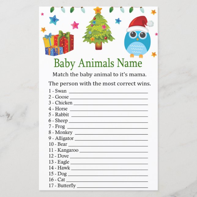 Papier Chouette Bébé Animaux Nom baby shower du jeu (Devant)