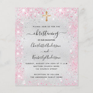 Papier Christening argent rose jumeaux invitation budget