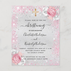 Papier Christening filles argent jumelles invitation budg