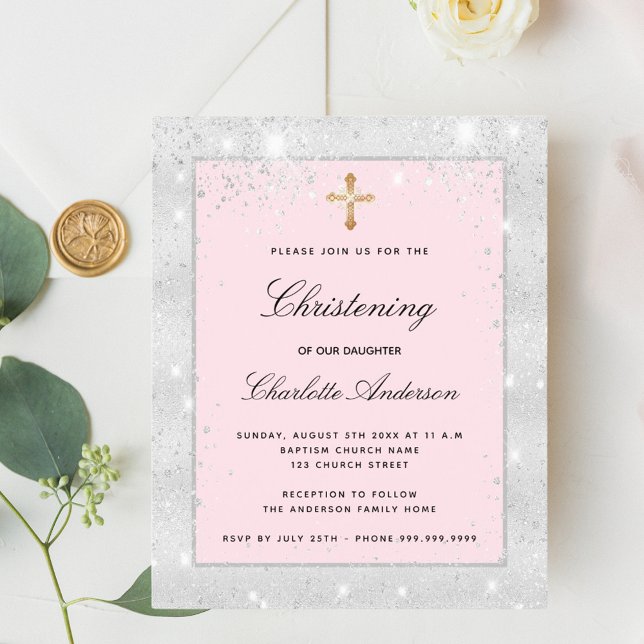 Papier Christening rose fille rose argent invitation croi (Créateur téléchargé)