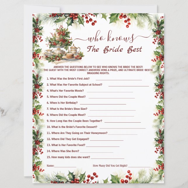 Papier Christmas Bridal Shower who knows the bride Games (Devant)