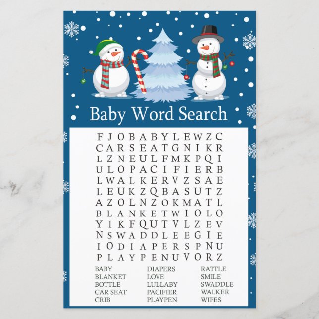Papier Christmas Snowman Baby shower Mot de recherche Jeu (Devant)