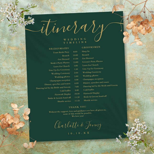 Papier Chronologie du Mariage d'itinéraire Emerald Gold (Emerald Gold Schedule Wedding Itinerary Timeline)