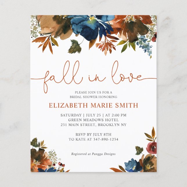 Papier Chute en amour Blue Floral Bridal Shower Invitatio (Devant)