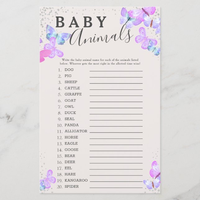 Papier Ciel papillon Baby shower Bébé Animaux Jeu (Devant)