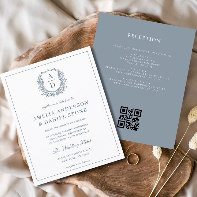 Papier Cimetière bleu Dusty Monogram Mariage QR Code (Créateur téléchargé)