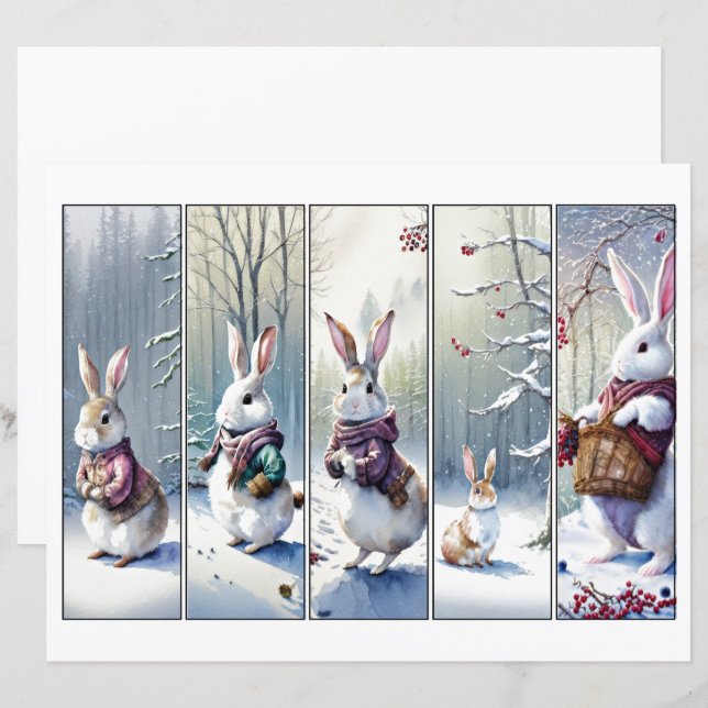 Papier Cinq lapins de neige fantaisie set signet de Noël (Devant / Derrière)