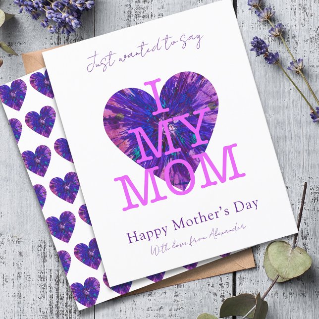 Papier Citation de la journée des mères j'aime maman aqua (I love my mom slogan purple heart art Mother’s Day card)