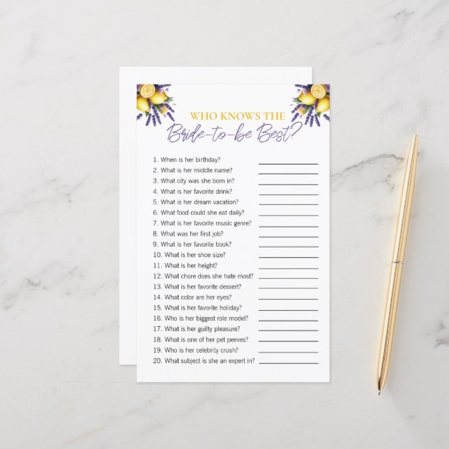 Papier Citron "Qui Connaît La Mariée" Jeu de Fête des mar (Devant/Arrière en situation)