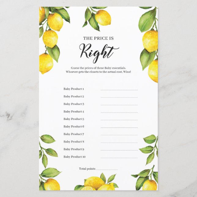 Papier Citrons Citrus Le prix est droit jeu bébé (Devant)